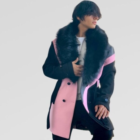Men’s Pink | Grey | Black Double Breast Coat with Faux Fur NWT - Picture 4 of 9